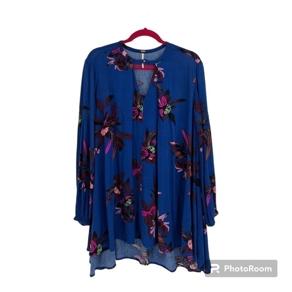 FREE PEOPLE S Tree Swing Tunic Top Mini Dress Blue Floral Cutout Flowy Boho XS - Picture 8 of 16